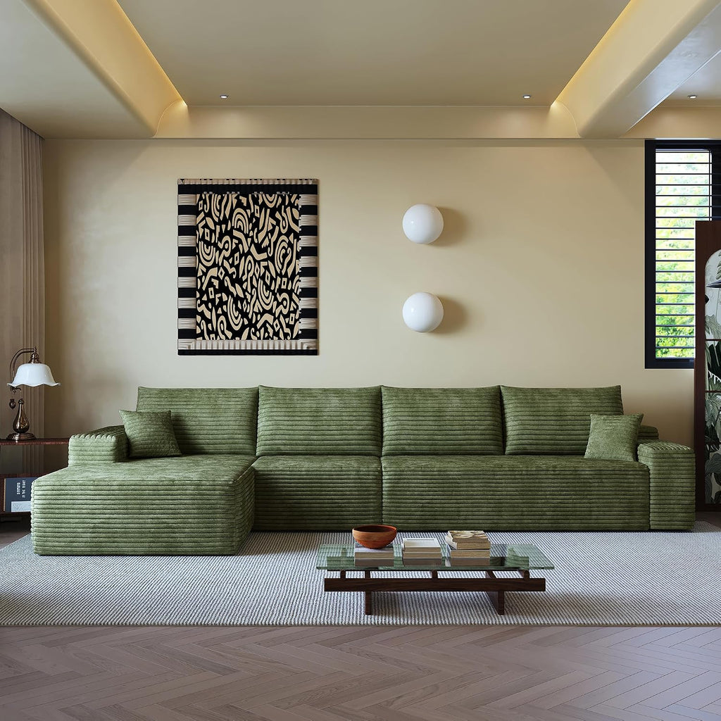 135' Oversized Compressed Sectional Sofa - 33D High-Density Foam Cloud Couch with Deep Seat - Minimalist 3-Piece Corduroy Upholstered Boneless Modular Lounge Couch