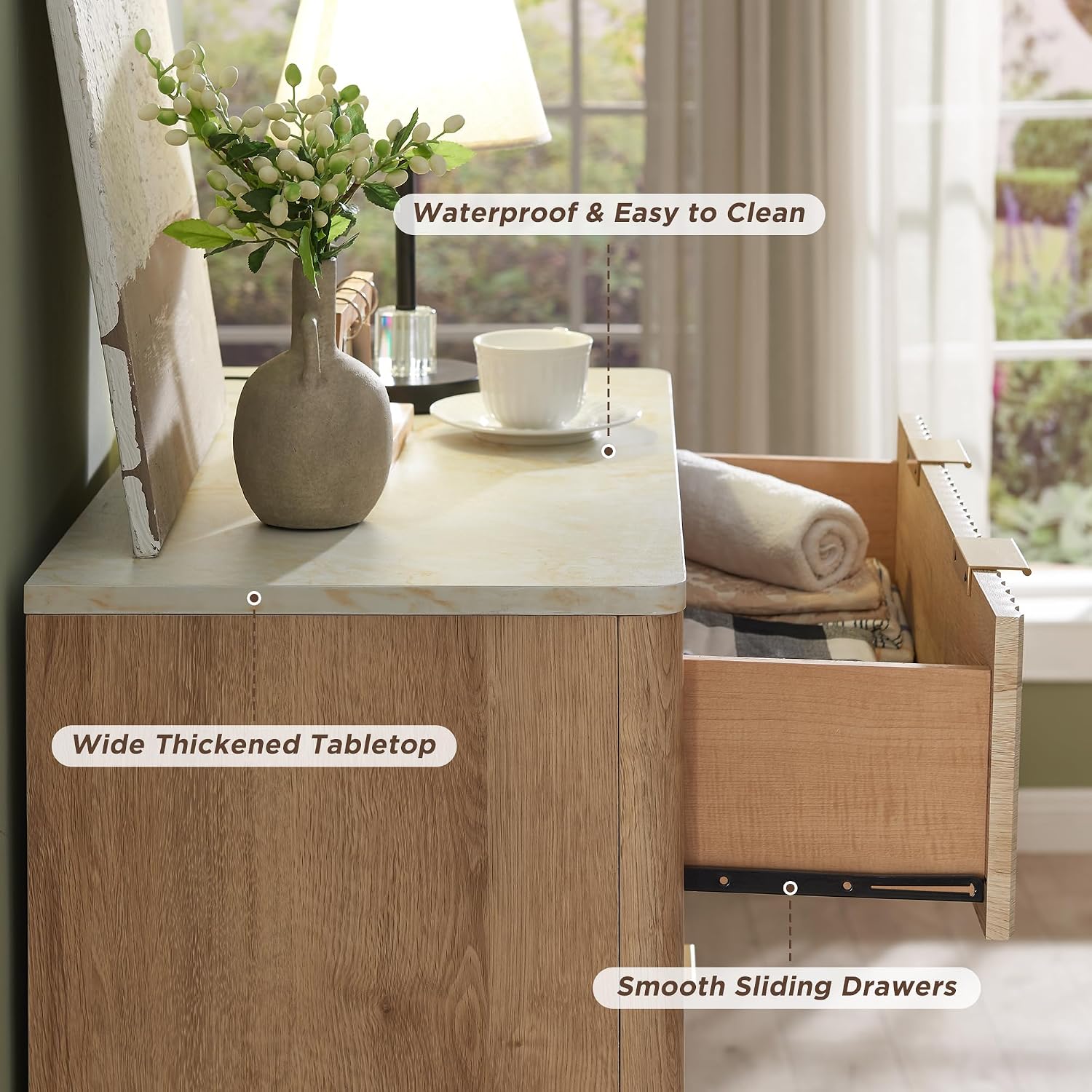 T4TREAM Fluted 5 Drawers Dresser, 48' Tall Modern Chest of Drawers with Faux Marble Top, Curved Profile Design, Wood Drawer Organizer for Bedroom, Living Room, Hallway, Entryway, Natural Oak