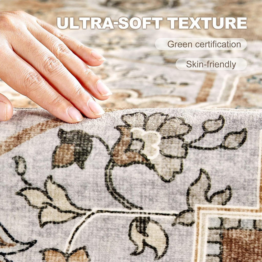 9x12 Washable Area Rug: Vintage Neutral Soft Non Slip Thin Large Floor Carpet for Living Room Bedroom Kitchen Dining Room Home Office Farmhouse Indoor - Grey Brown