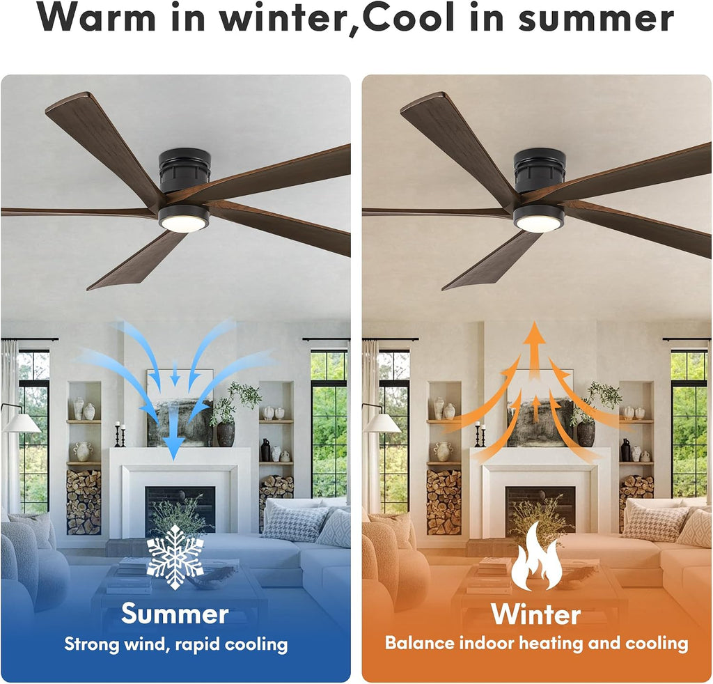 EKIZNSN 84 Inch Outdoor Low Profile Flush Mount Ceiling Fans with Lights and Remote Control for Patios, 6-Gear Speed, 110V Noiseless Reversible DC Motor (Black Finish with Walnut Blades)