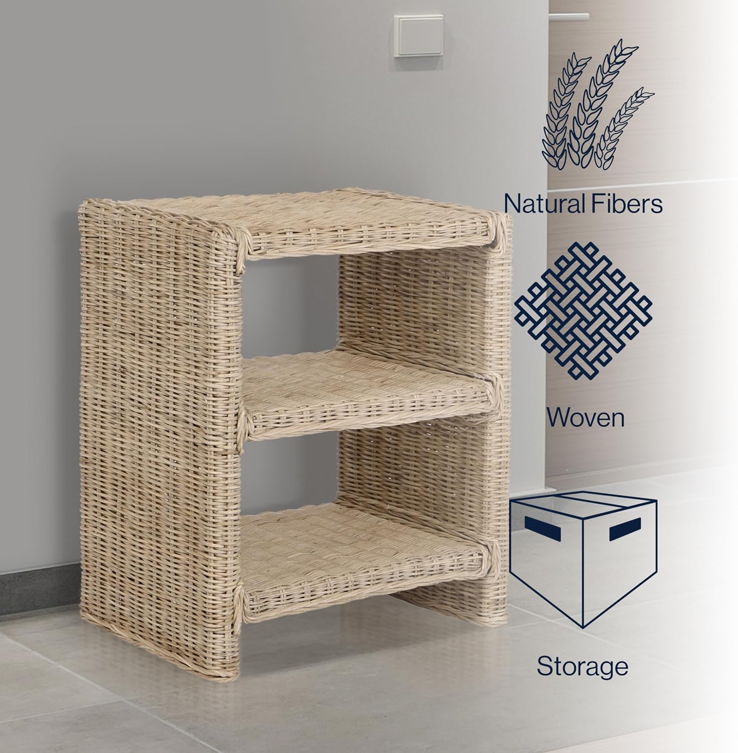 JONATHAN Y Praerie Woven Rattan and Mango Wood 3-Tier End Table, Bohemian Open Shelf Nightstand and Side Table for Living Room, Bedroom, Natural NST1000A