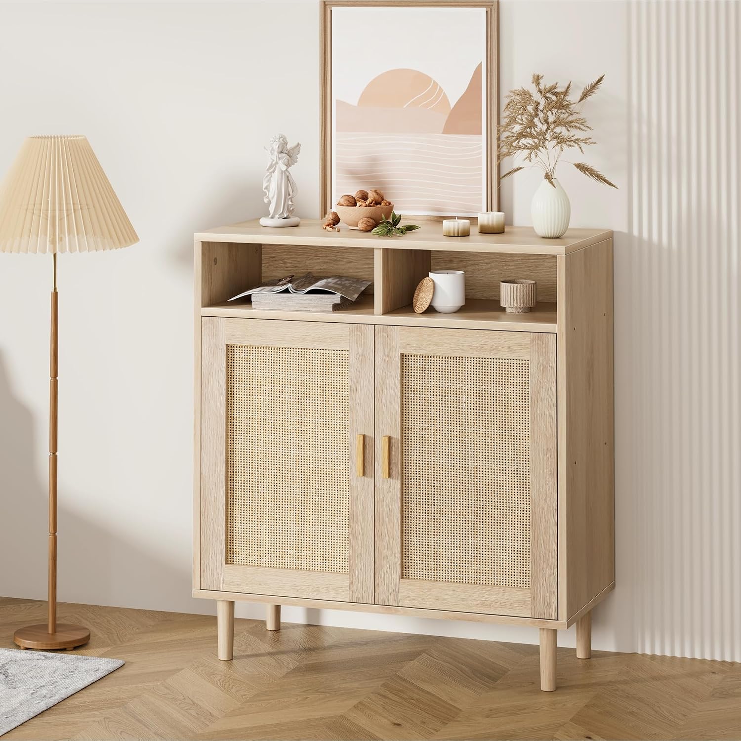 IDEALHOUSE Sideboard Buffet Storage Cabinet, Rattan Kitchen Cabinet with 2 Doors/Shelf, Accent Modern Dining Living Room Entry Hallway Coffee Bar Furniture for Home Decor,36''H