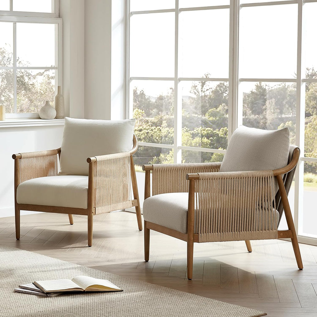 CHITA Braid Accent Chair, Modern Armchair with Solid Wooden Armrest for Living Room and Bedroom, Boho Reading Chair, Cream