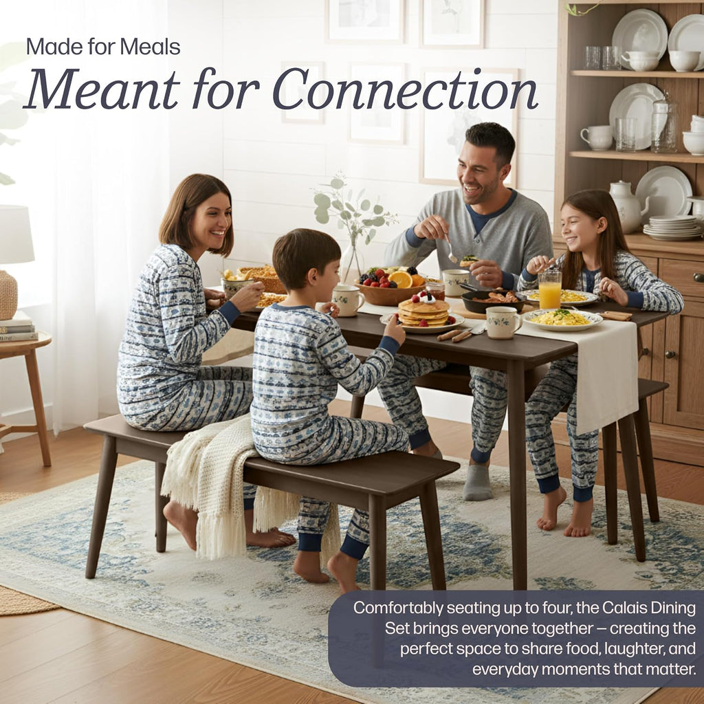Alaterre Furniture Calais Dining – 3 Piece Dining Table Set for 4 with Benches – Mid Century Modern 59-Inch Solid Wood Kitchen & Dining Room Table with Two 46-Inch Bench (Pecan Finish)