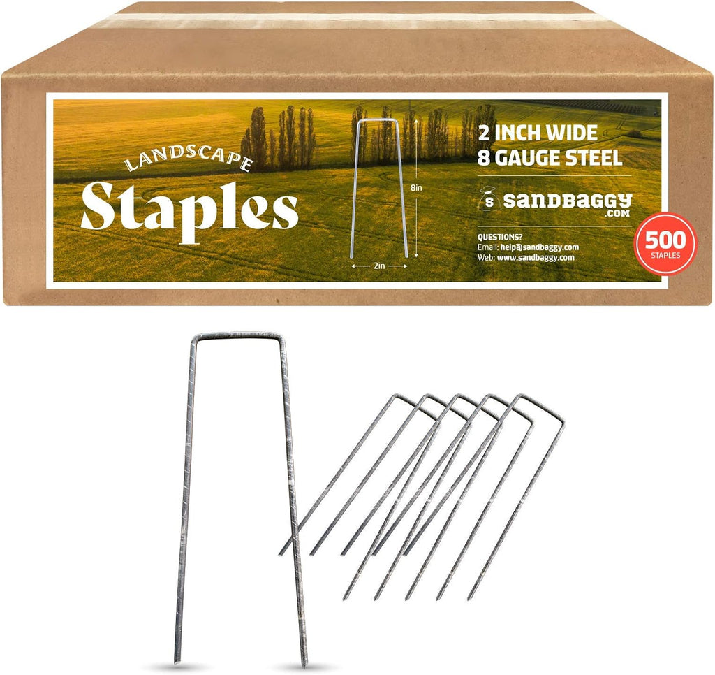 Sandbaggy 8 Inch Long x 2 Inch Wide Extra Wide Landscape Staples~ Fabric Pins Garden Ground Cover Stakes (500 Staples)