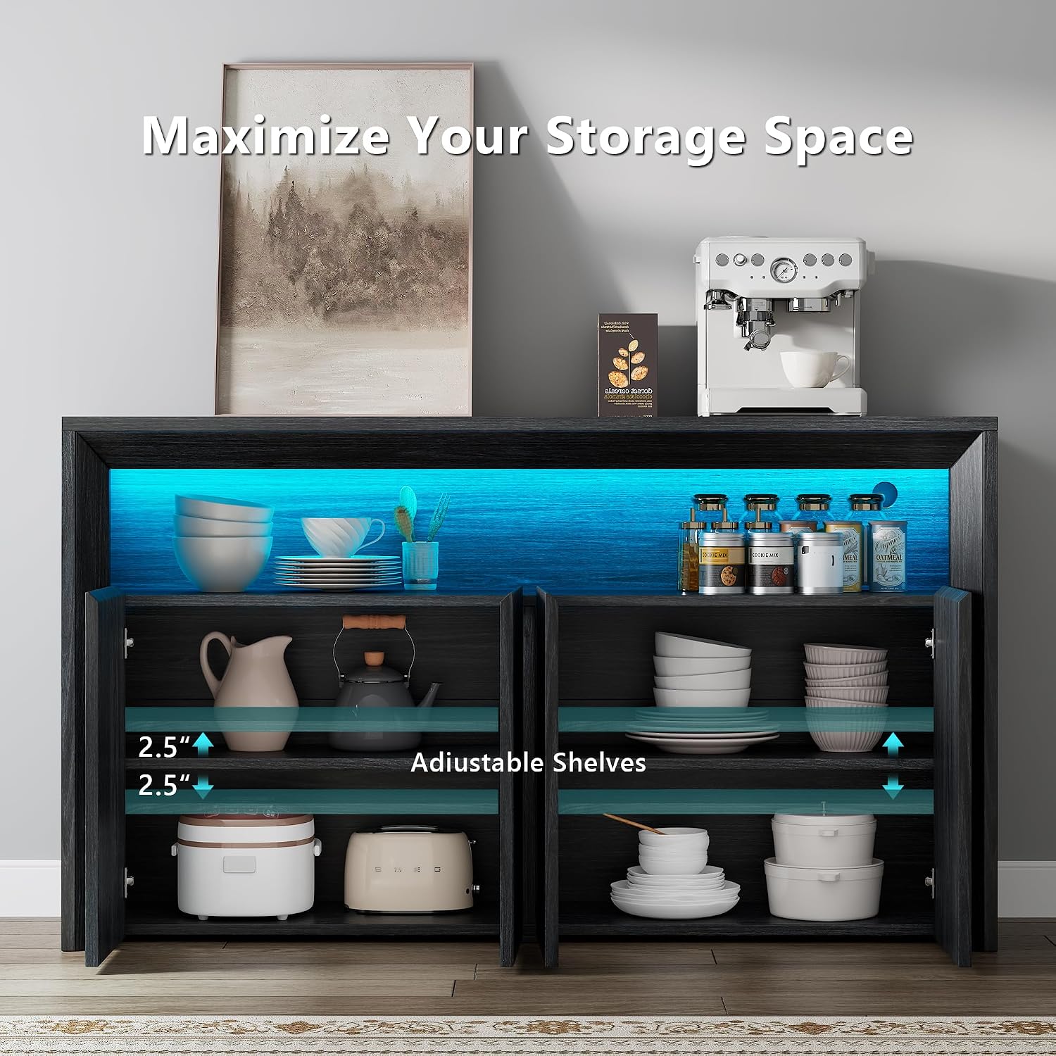 66.2' Buffet Cabinet with Storage and led Lights,Modern Sideboard Cabinet with 4 Doors & Shelves,Fluted Media Console Mid Century Coffee Bar Table for Living Room Kitchen Dining Room Hallway,Dark Grey