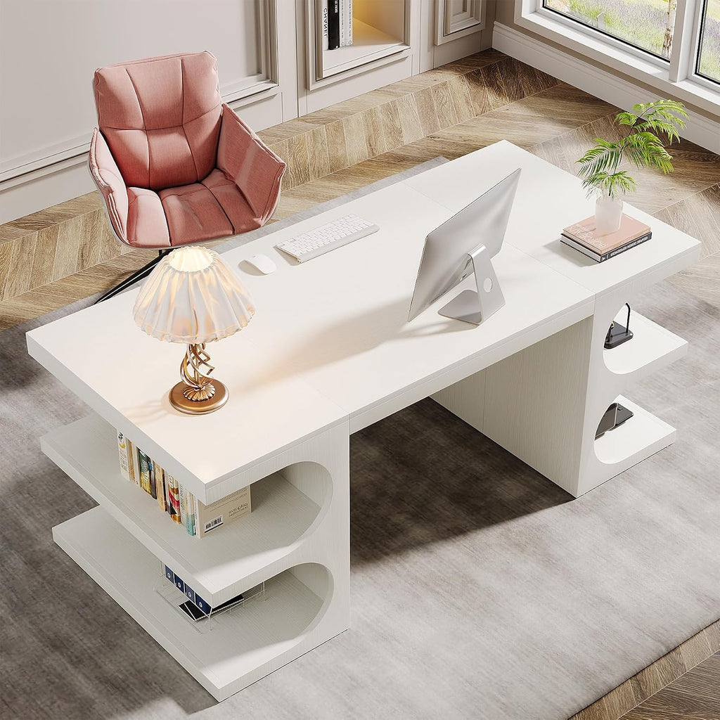 Tribesigns Modern Executive Office Desk, 63-Inch Large Computer Home Office Desk with Storage Shelves, Wood Study Writing Table, Workstation Business Furniture, White
