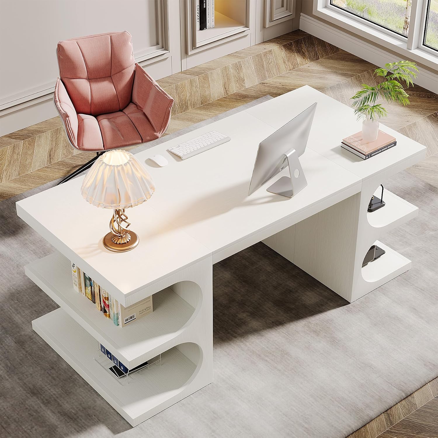 Tribesigns Modern Executive Office Desk, 63-Inch Large Computer Home Office Desk with Storage Shelves, Wood Study Writing Table, Workstation Business Furniture, White