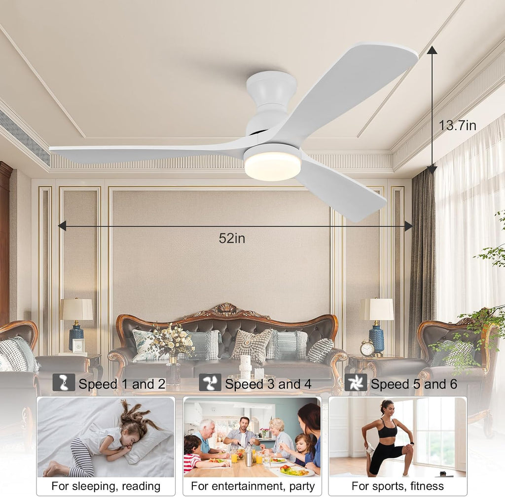 52 Inch Low Profile Ceiling Fan with Light and Remote, Dimmable, Quiet 6 Speeds DC Motor Wood Flush Mount Ceiling Fan, Hugger Ceiling Fans with Lights, Indoor Outdoor White Ceiling Fan