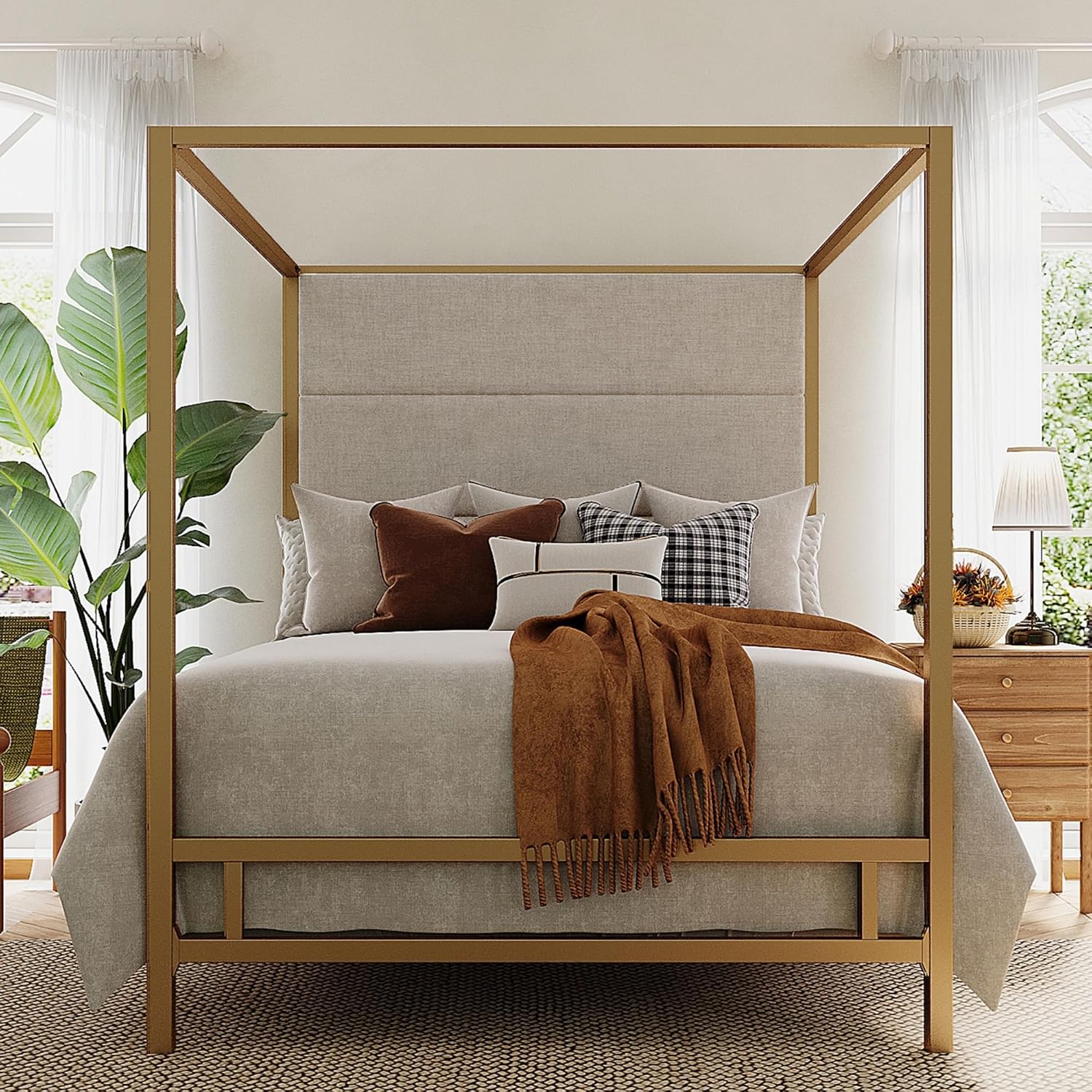 Merax King Size Gold Metal Canopy Bed Frame, Modern Upholstered Linen Headboard with Tall Back Support, 800 lbs Weight Capacity, Luxurious 4-Poster Bedroom Furniture for Modern Home, Gold+Tan