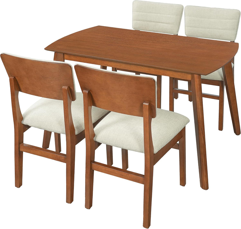 Merax 5 Piece Solid Wood Dining Table Set, Farmhouse Mid-Century Modern Table & 4 Upholstered Chairs for Home, Kitchen, Apartment, Space Saving, Brown+Biege