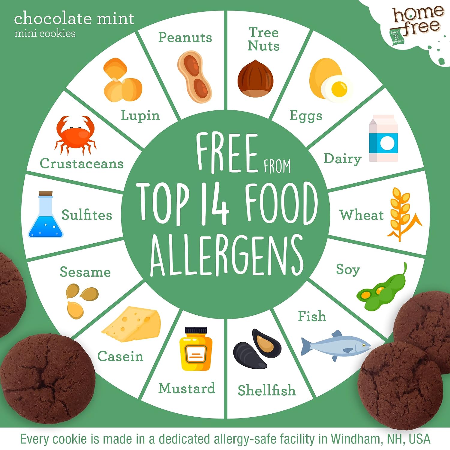 Homefree Chocolate Mint Mini Cookies, Gluten Free, Nut Free, Vegan, Individually Wrapped Packs, School Safe and Allergy Friendly Snack, 0.95 oz. (Pack of 64)