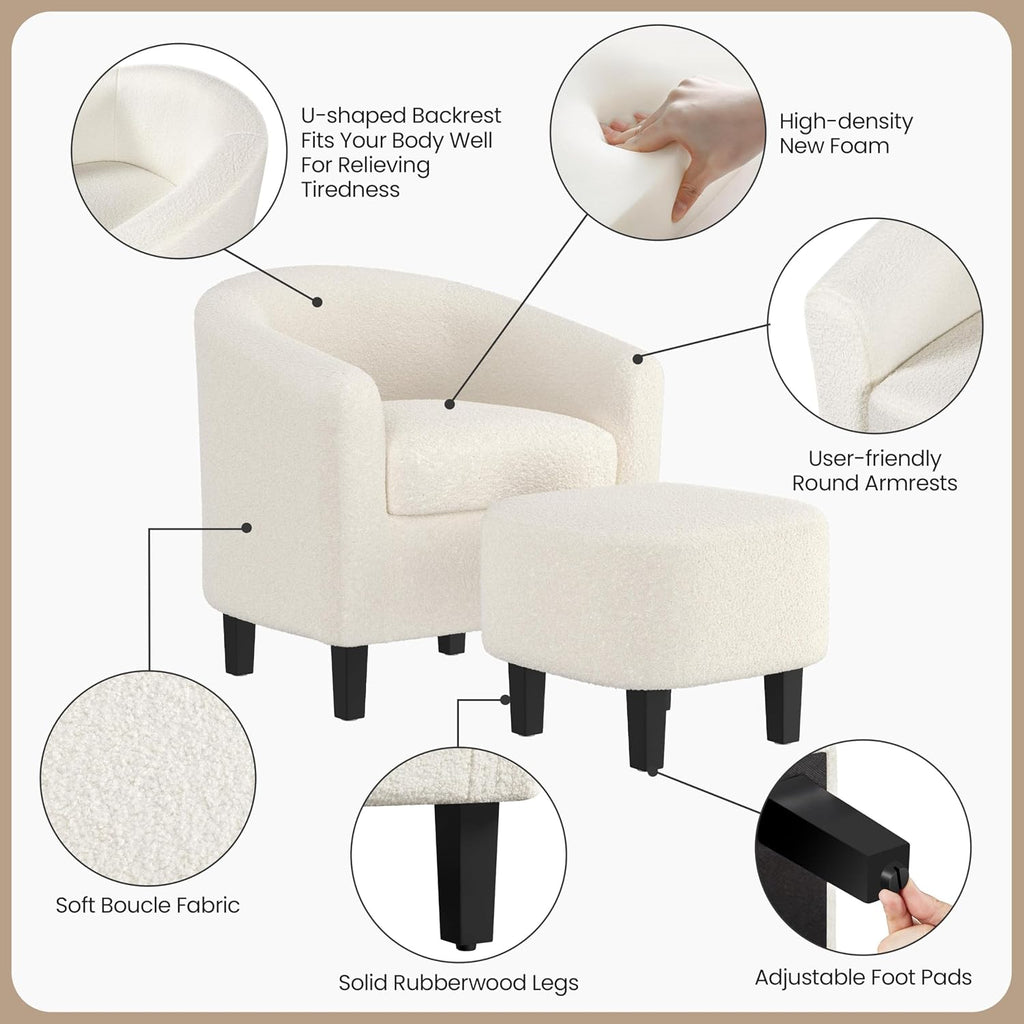 Yaheetech Barrel Chair with Ottoman Set, Boucle Fabric Accent Chair with Soft Padded and Sturdy Legs for Living Room/Bedroom/Study/Waiting Room, Ivory