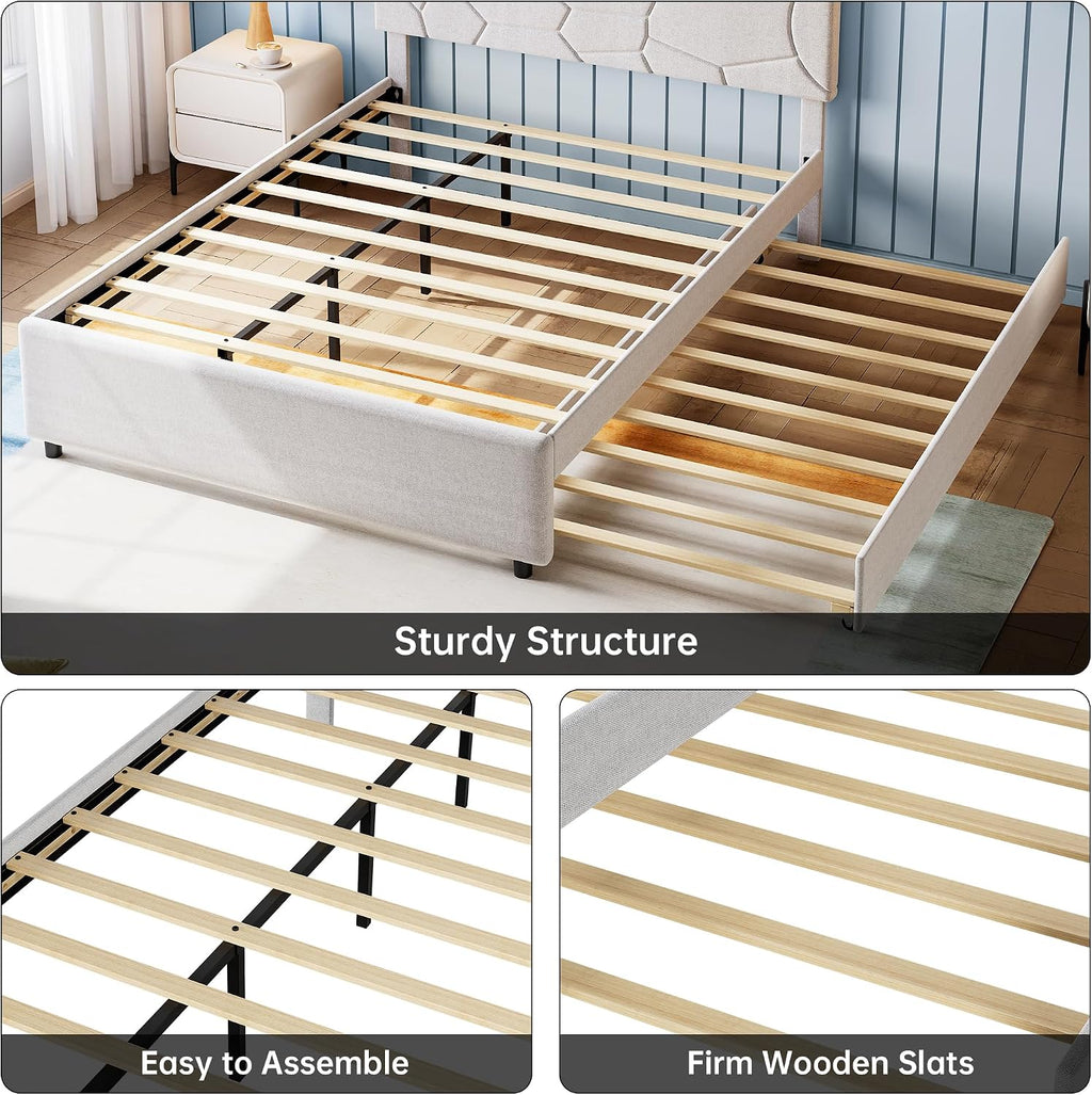 Garvee Queen Size Bed Frame with Trundle, Upholstered Platform Bed Frame with Headboard, Trundle Bed Twin, Wood Slat Support, for Bedroom, Living Room, Guest Room