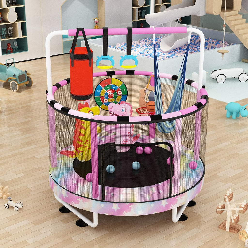 Lamerge Kids Trampoline, Toddler Bouncing Trampoline with Safety Enclosure Net, ASTM-Approved, 500lbs Capacity, Ages 1-8, Adjustable Handrail, 7-in-1, 60'
