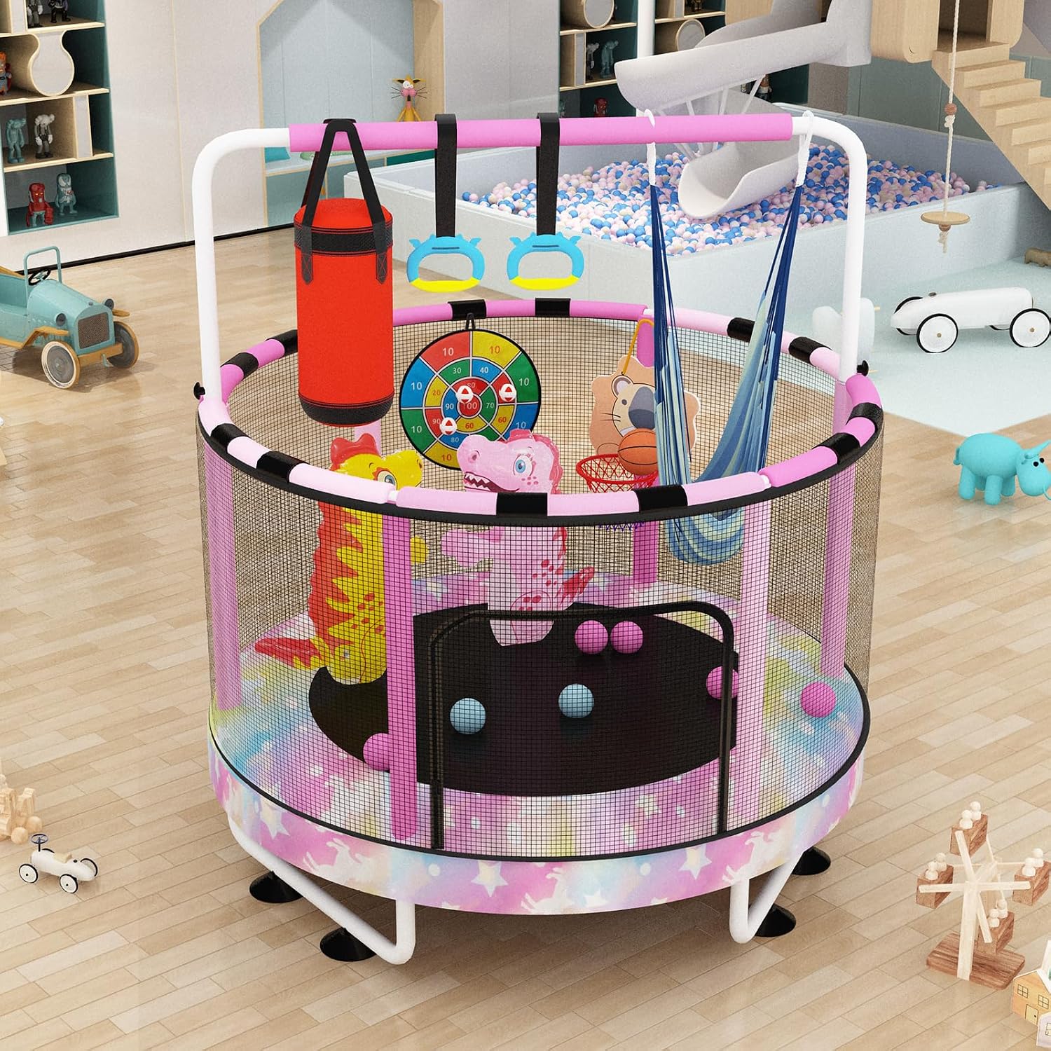 Lamerge Kids Trampoline, Toddler Bouncing Trampoline with Safety Enclosure Net, ASTM-Approved, 500lbs Capacity, Ages 1-8, Adjustable Handrail, 7-in-1, 60'