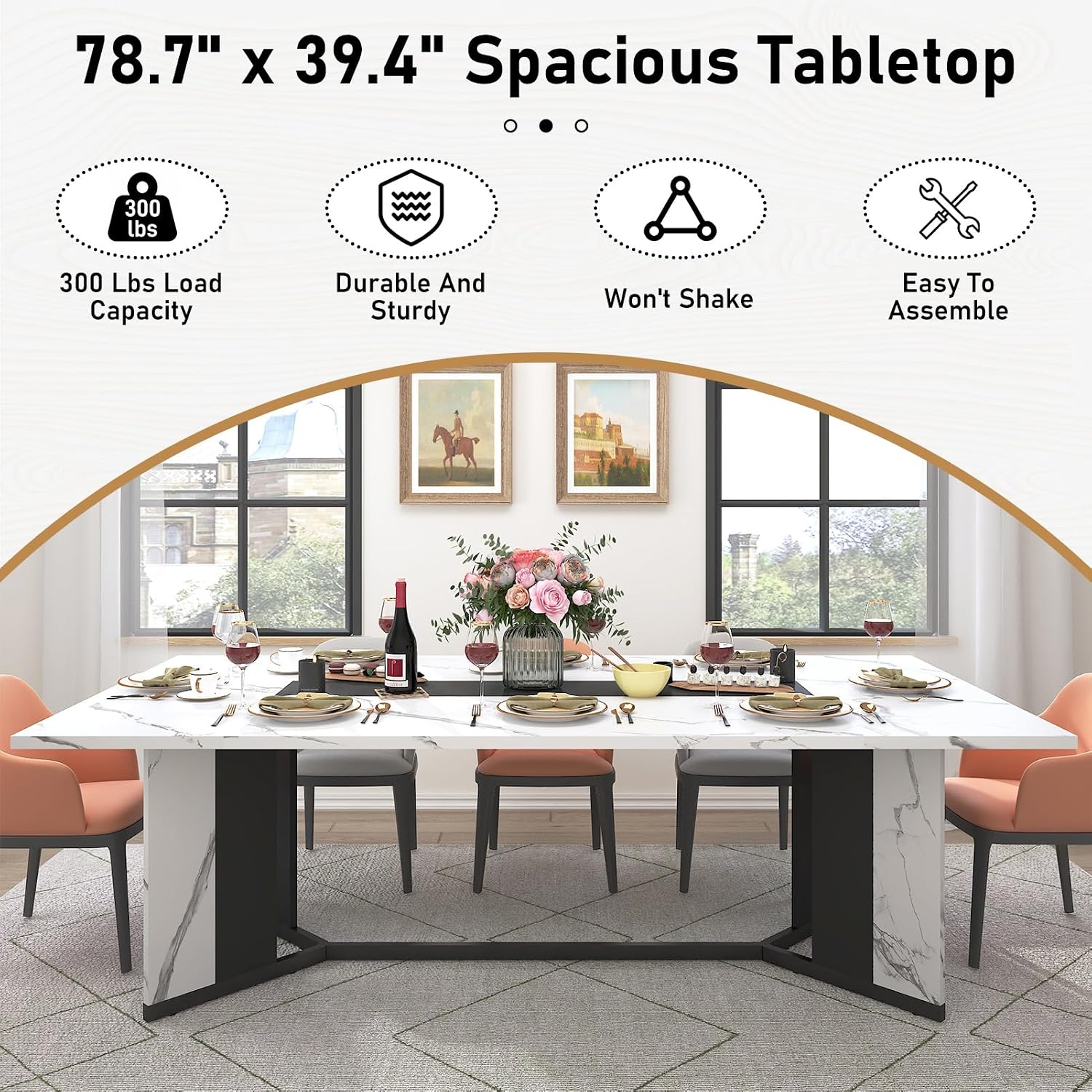 Hlivelood 78Inch Large Dining Table for 6 8 People,Wooden Rectangular Kitchen Table W/Waterproof Tabletop,Large Rectangle Furniture W/Adjustable Legs,White Dinner Table for Kitchen Dining Room(78IN)