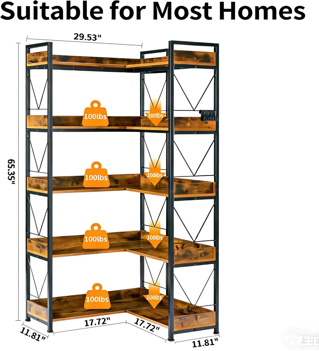 Simple Deluxe 5-Tier Industrial L-Shaped Corner Bookshelf 65', Open Storage Shelving with Hooks & Edge Trim, Sturdy Metal Wood Frame for Living Room, Bedroom, Home Office, Kitchen, Brown