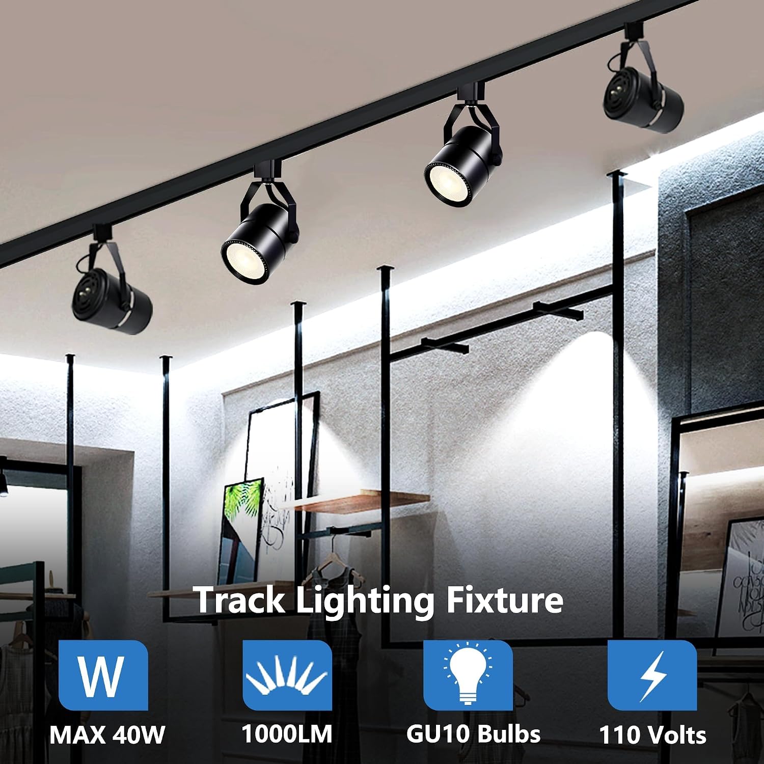 Black Track Lighting Heads Kit, PAR20 Dimmable H Type Track Lights Heads with 13.1FT(3.28 * 4) H Type Track Rails, 6000K Cold White LED Ceiling Spotlight Fixture, Replaceable PAR20 Bulb