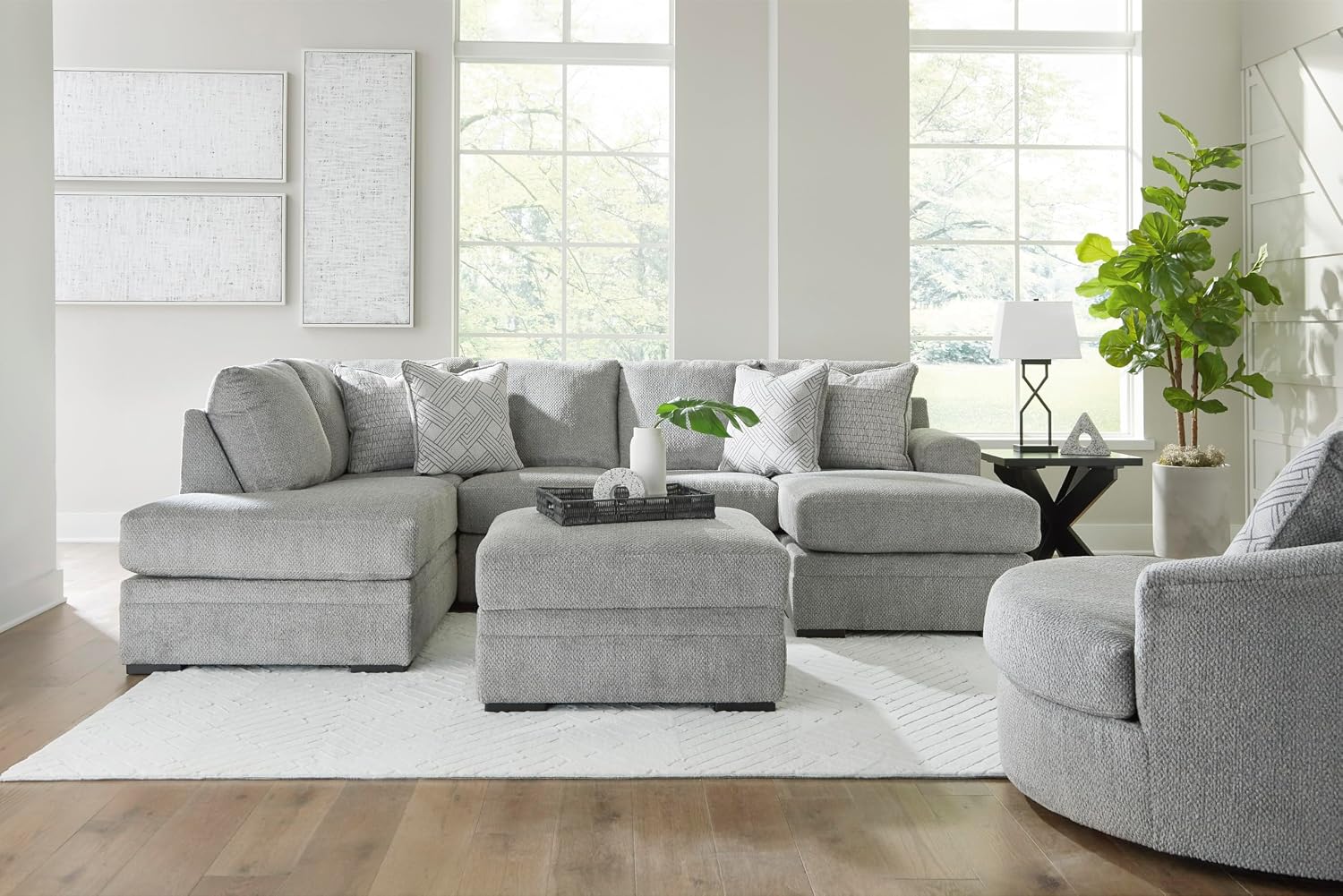 Signature Design by Ashley Casselbury Contemporary Upholstered Oversized Swivel Accent Chair with 3 Throw Pillows, Light Gray