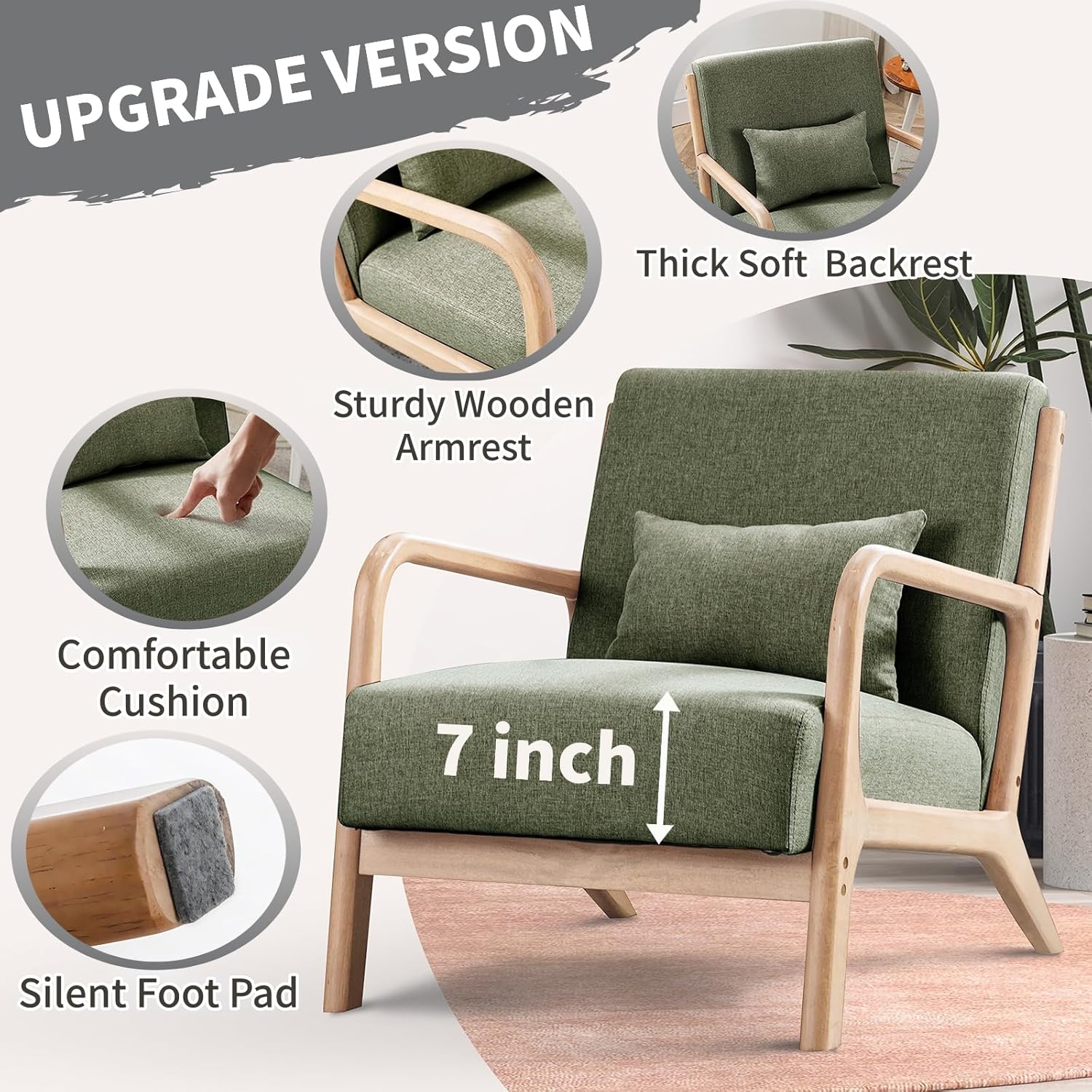 ANJ Mid Century Modern Accent Chairs Set of 2, Comfy Fabric Reading Chair with Solid Wood Frame, Easy Assembly Armchair for Living Room Blackish Green 2