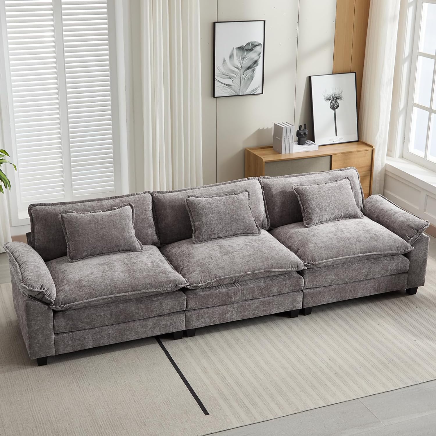 Oprisen 120' Modular Sectional Sofa, Comfy Cloud Couch Sectional Sofa, Chenille Sofa Sleeper Deep Seat Sofa with Throw Pillows for Living Room (Light Gray, 120'- 3 Seater)