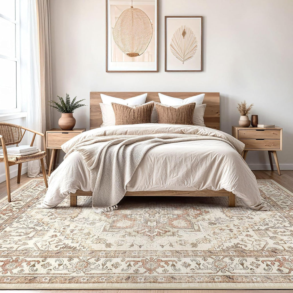 Washable Rug 10x14 Area Rugs: Boho Vintage Distressed Oriental Medallion Neutral Thin Large Rug Carpet for Living Room Bedroom Dining Room Home Office Decor - Beige