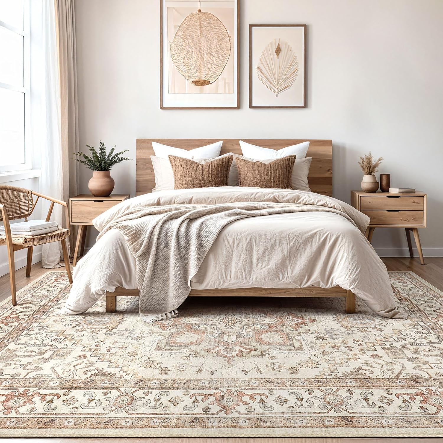 Washable Rug 8x11 Area Rugs: Boho Vintage Distressed Oriental Medallion Neutral Thin Large Rug Carpet for Living Room Bedroom Dining Room Home Office Decor - Beige