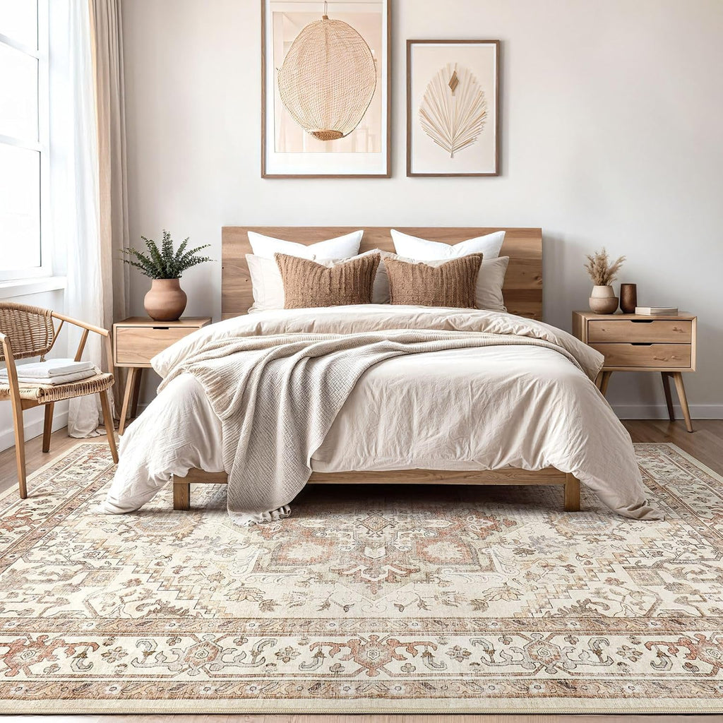 Washable Rug 9x12 Area Rugs: Boho Vintage Distressed Oriental Medallion Neutral Thin Large Rug Carpet for Living Room Bedroom Dining Room Home Office Decor - Beige