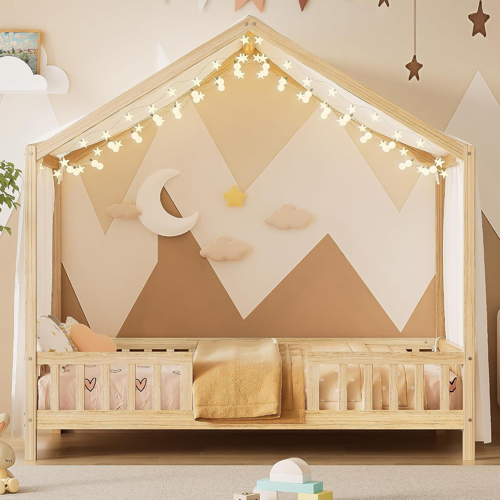 Bellemave Twin House BedFrame with Canopy, Montessori Floor Bed, House Bed with Rails for Kids, Natural