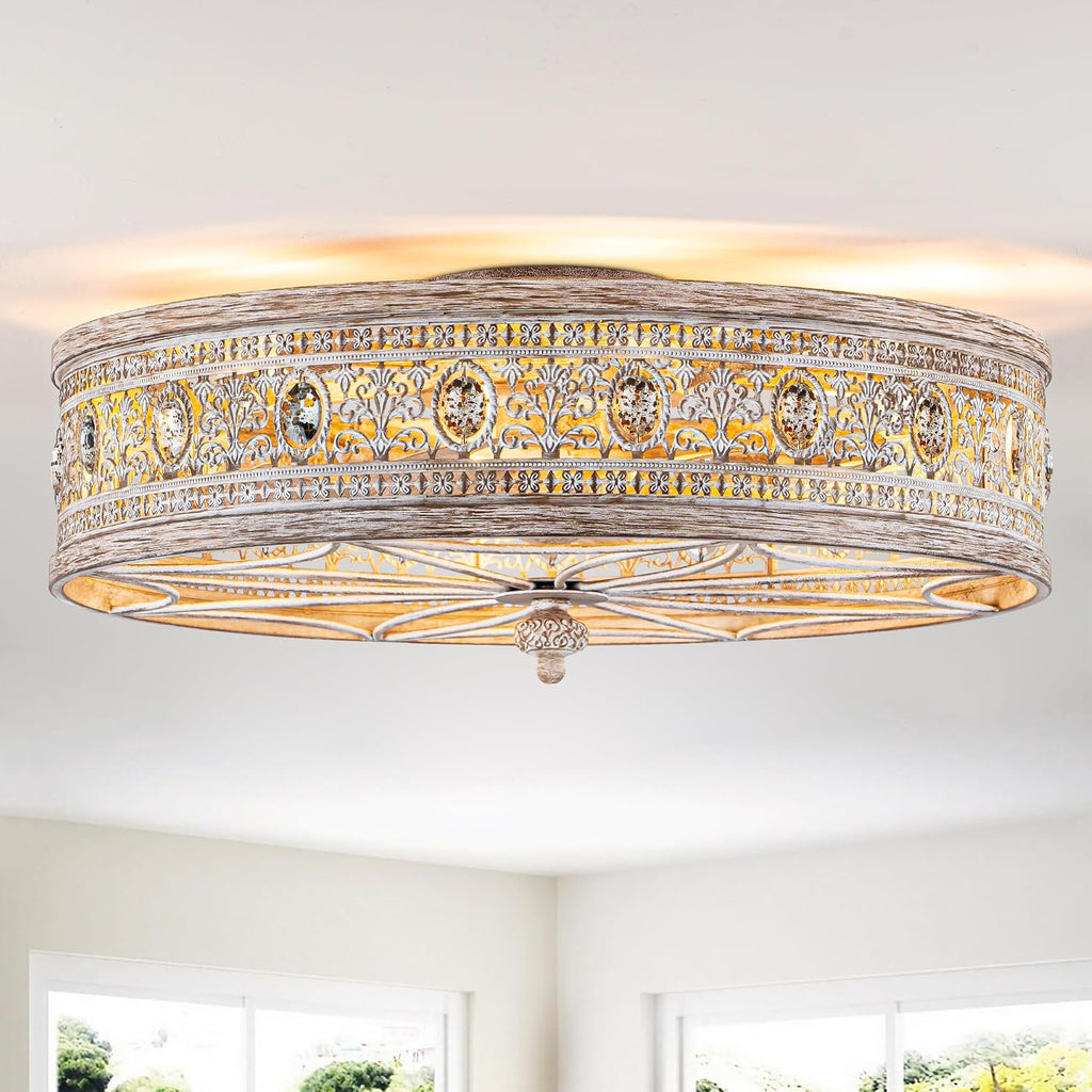 Vintage Farmhouse Fandelier Caged Ceiling Fan with Light Low Profile Rustic Flush Mount Light Fixture with Crystal Details Bladeless and Remote for Bedroom (Antique Wood, Medium-21INCH)