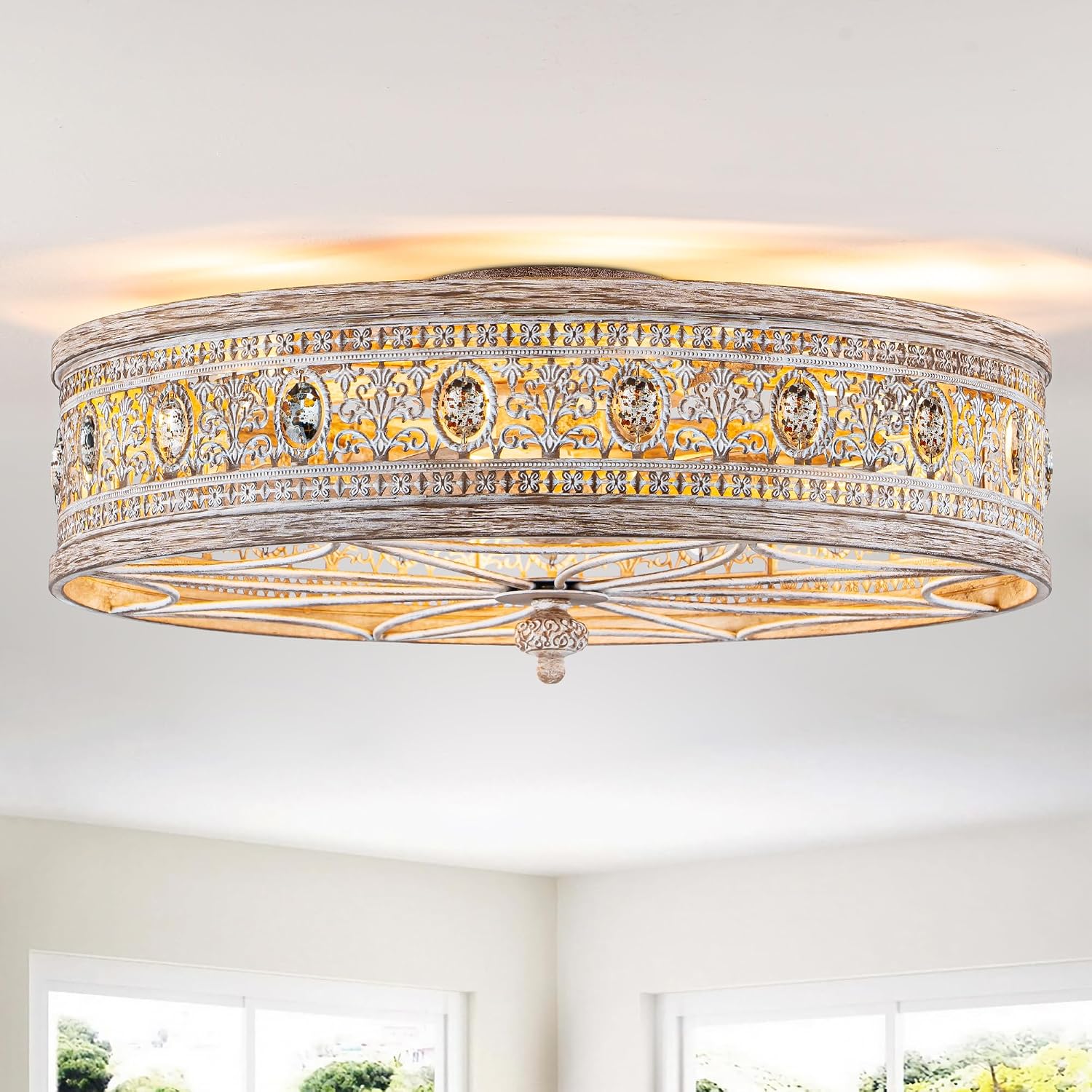 Vintage Farmhouse Fandelier Caged Ceiling Fan with Light Low Profile Rustic Flush Mount Light Fixture with Crystal Details Bladeless and Remote for Bedroom (Antique Wood, Medium-21INCH)