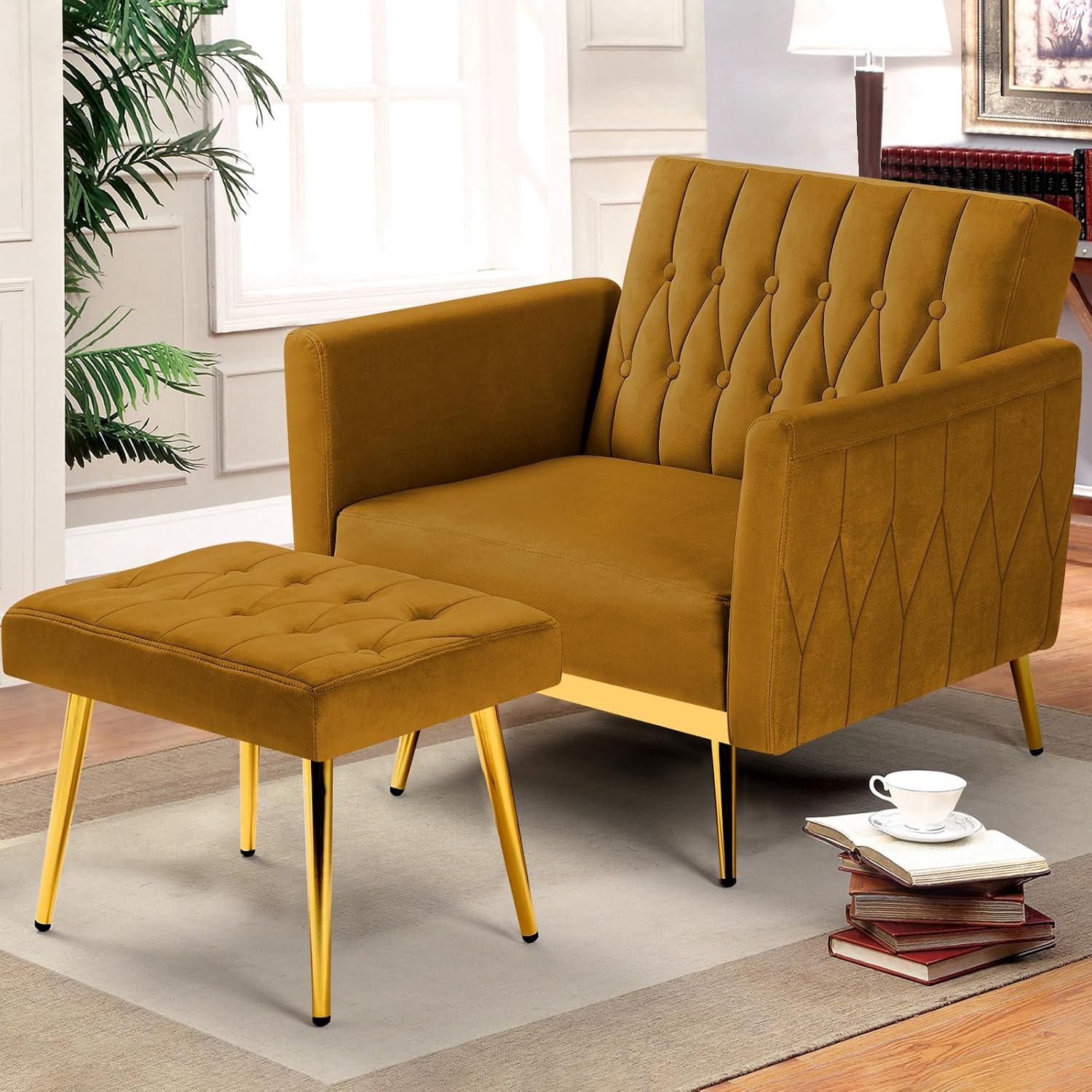 Velvet Accent Chair with Adjustable Armrests and Backrest, Button Tufted Lounge Chair, Single Recliner Armchair with Ottoman and Pillow for Living Room, Bedroom, Ginger