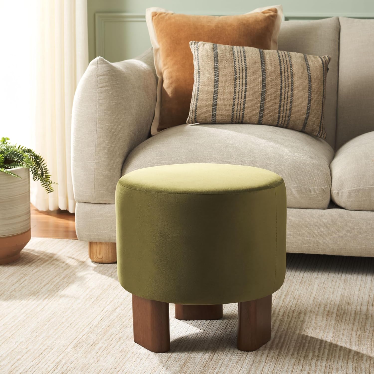 SAFAVIEH Home Collection Mista Olive Green Velvet Round Ottoman Seat Foot Rest