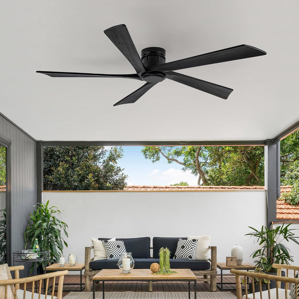 EKIZNSN 64 Inch Outdoor Low Profile Flush Mount Ceiling Fans without Lights for Patios, 110V Noiseless Reversible DC Motor, 6-Gear Speed (Black Finish with Black Blades)