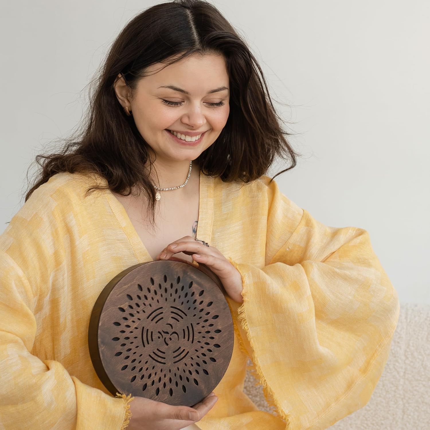 Rain-Fall Disc, 8.6 Inch (22 cm) Wooden Ocean Drum, Gentle Rain Sound for Sound Bath, Meditation & Sound Healing, AUM & Ganesha Design