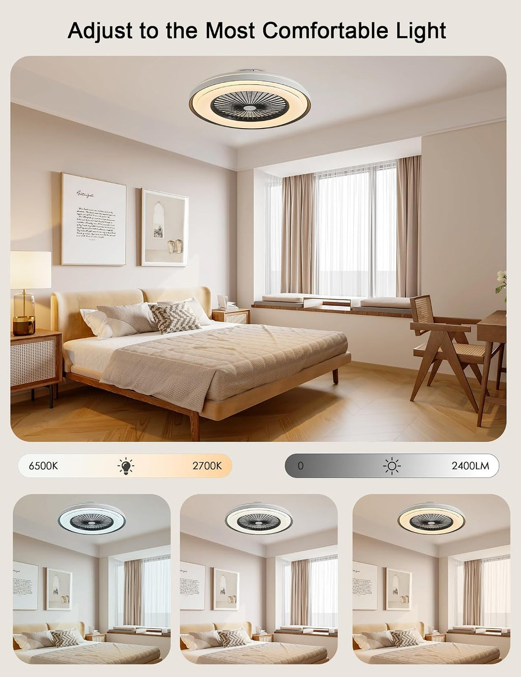 Dawn Whisper 24'' Ceiling Fan with Light Fandelier Flush Mount Low Profile Smart RGB Ceiling Fan with Dimmable LED Light for Kids Bedroom Black 3 Color 6 Speeds