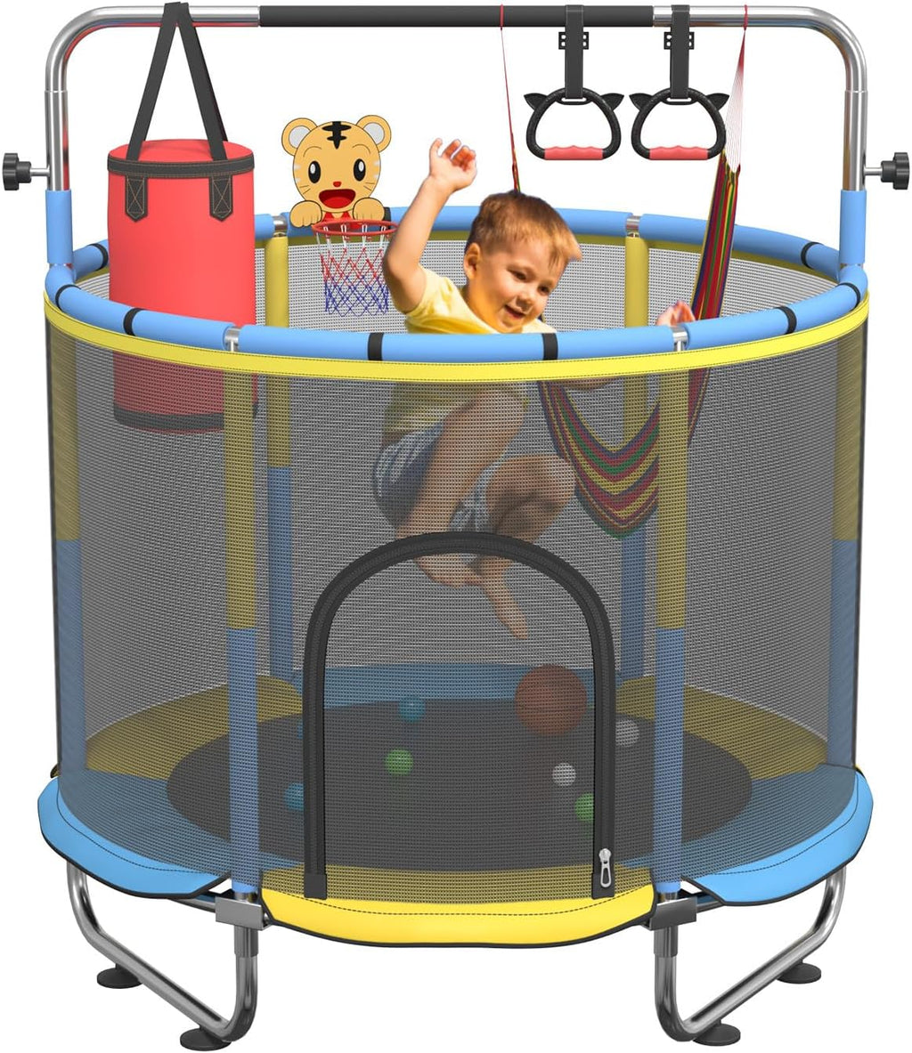 60' Trampoline for Kids, 500lbs Capacity Indoor Outdoor Toddler Trampoline with Adjustable Gymnastics Bar, Gifts for Boy Girl Age 1-8