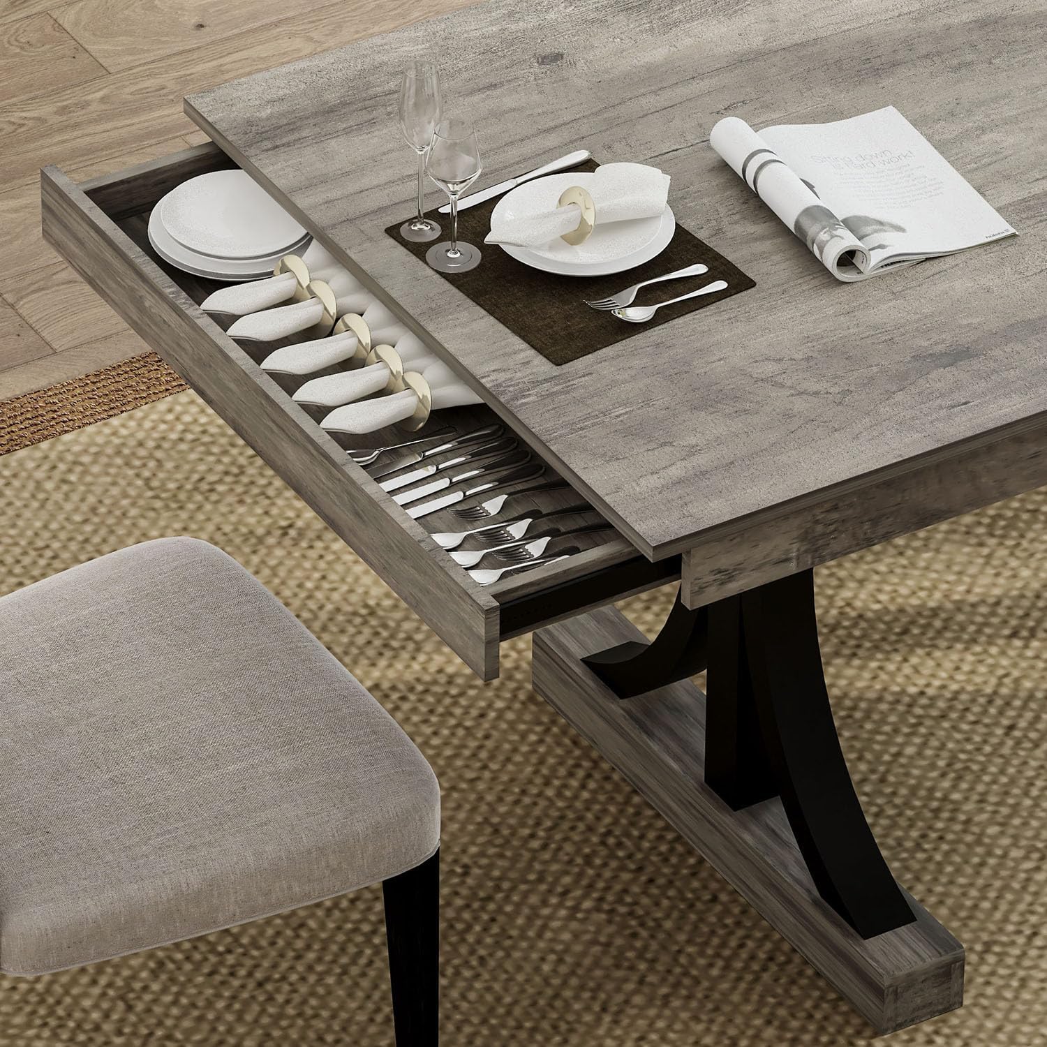 IDEALHOUSE Wood Dining Table for 6-8 with 2 Large Drawers, 70.87' Long Farmhouse Rectangular Kitchen Dining Table & Thick Table Top, Sturdy Frame, for Big Family, Dinette, Rustic Gray