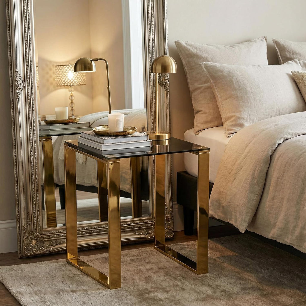 Cortesi Home CH-ET636045 Remini End Table, Gold Metal and Black Glass, End Table 18'
