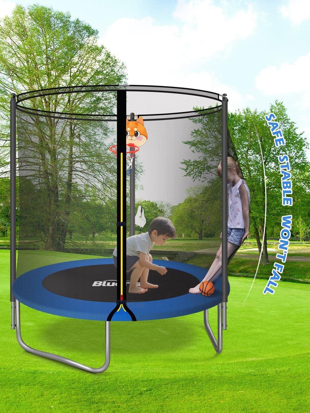 BLUERISE 55IN 6FT Toddler Trampoline for Kids Indoor Outdoor Play for Kids Trampoline Basketball Hoop Attachment with Enclosure Net Easy to Assemble