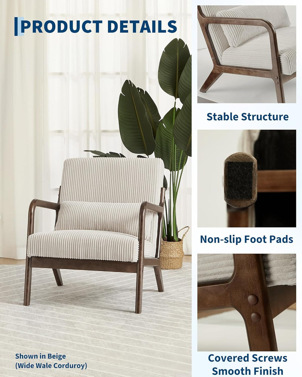 Garvee Mid-Century Modern Accent Chair, Fine Wale Corduroy Upholstery, Solid Wood Armchair with Removable Lumbar Pillow, Sturdy Reading Chair for Living Room, Bedroom, Guest Room, Easy Assembly, Beige