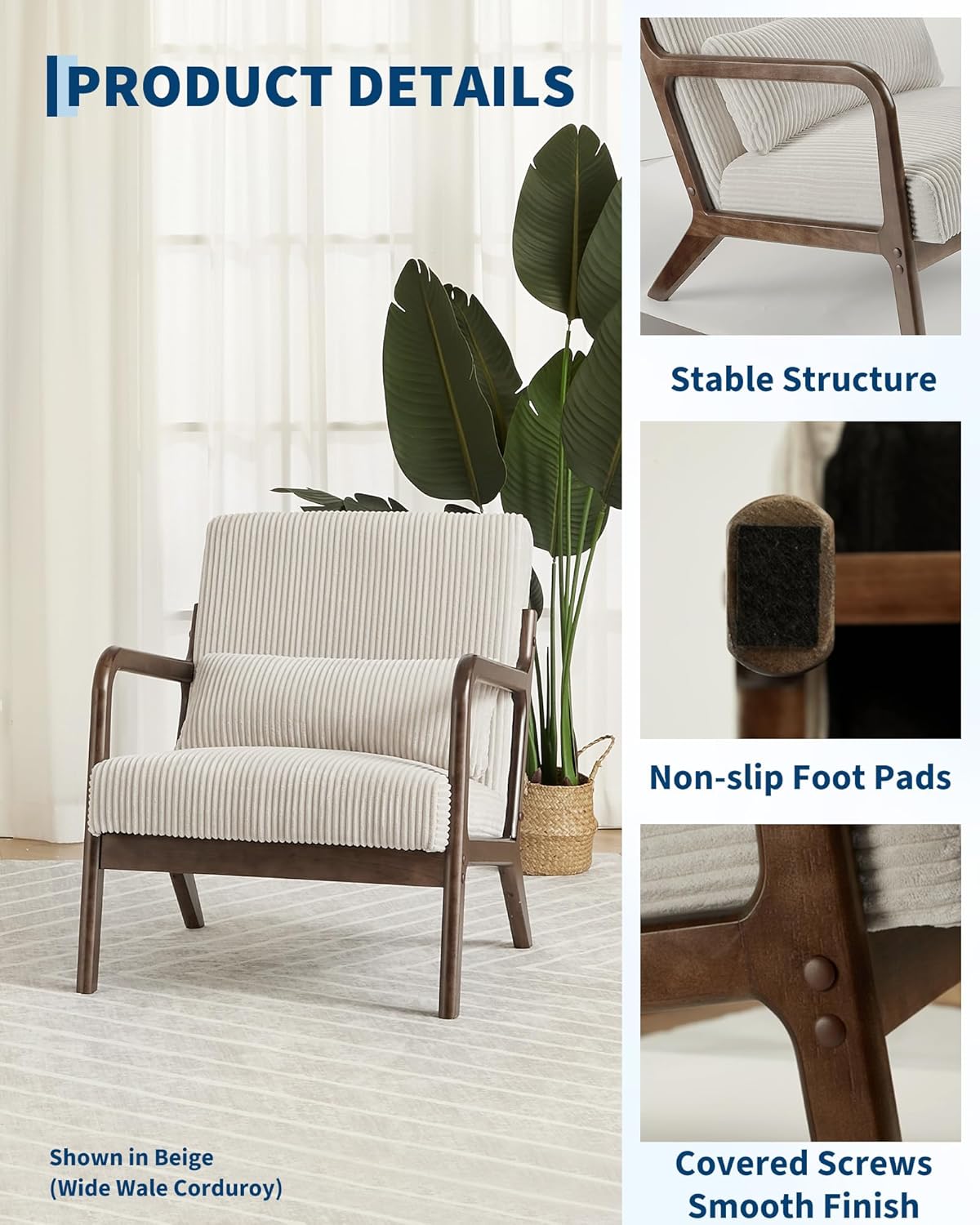 Garvee Mid-Century Modern Accent Chair, Fine Wale Corduroy Upholstery, Solid Wood Armchair with Removable Lumbar Pillow, Sturdy Reading Chair for Living Room, Bedroom, Guest Room, Easy Assembly, Beige
