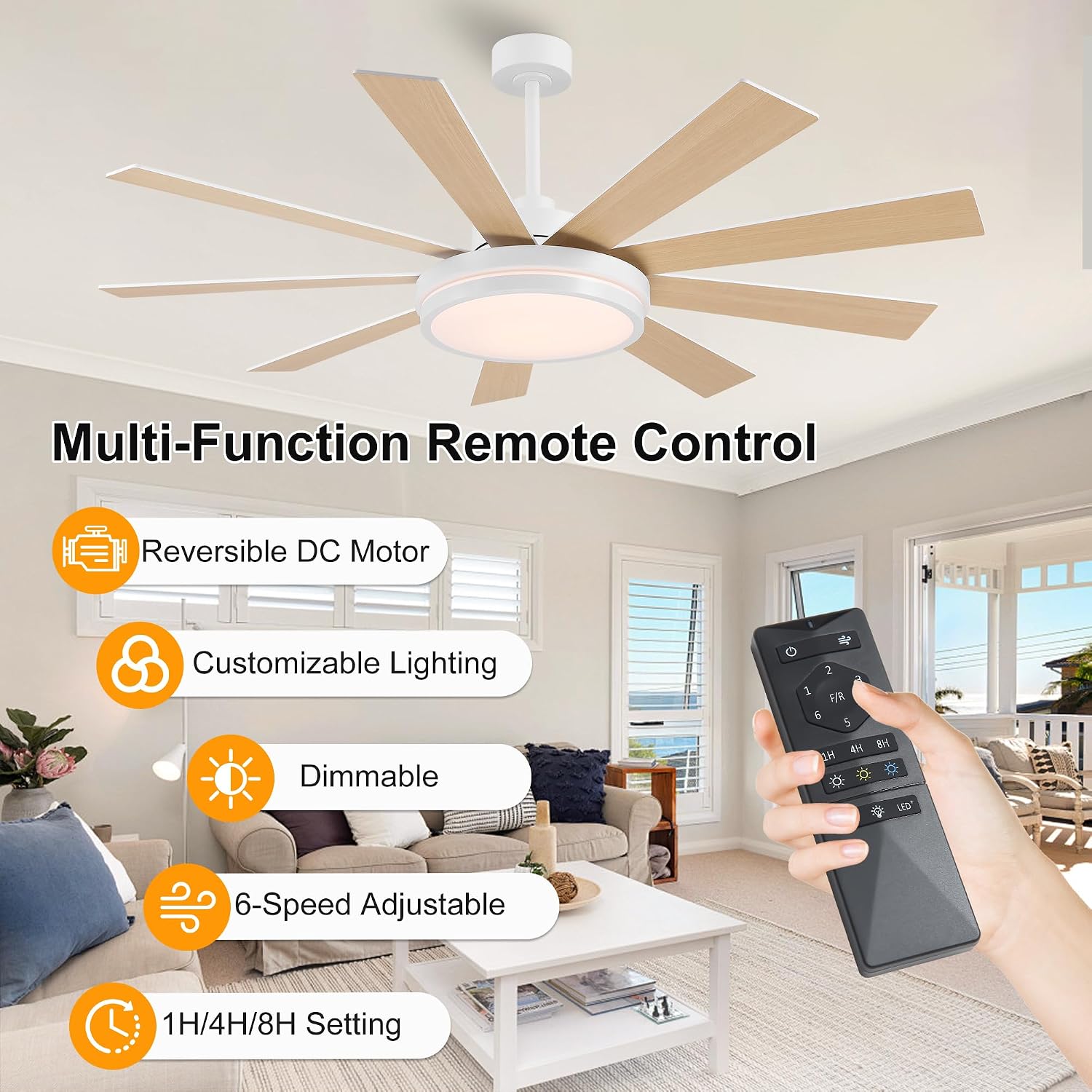 WINGBO 60' Ceiling Fan with Light - Large LED Dimmable Light, 6-Speed Remote Control, Reversible DC Motor, Modern Ceiling Fan 9 Blades for Bedroom, Living Room, Indoor Outdoor White and Oak