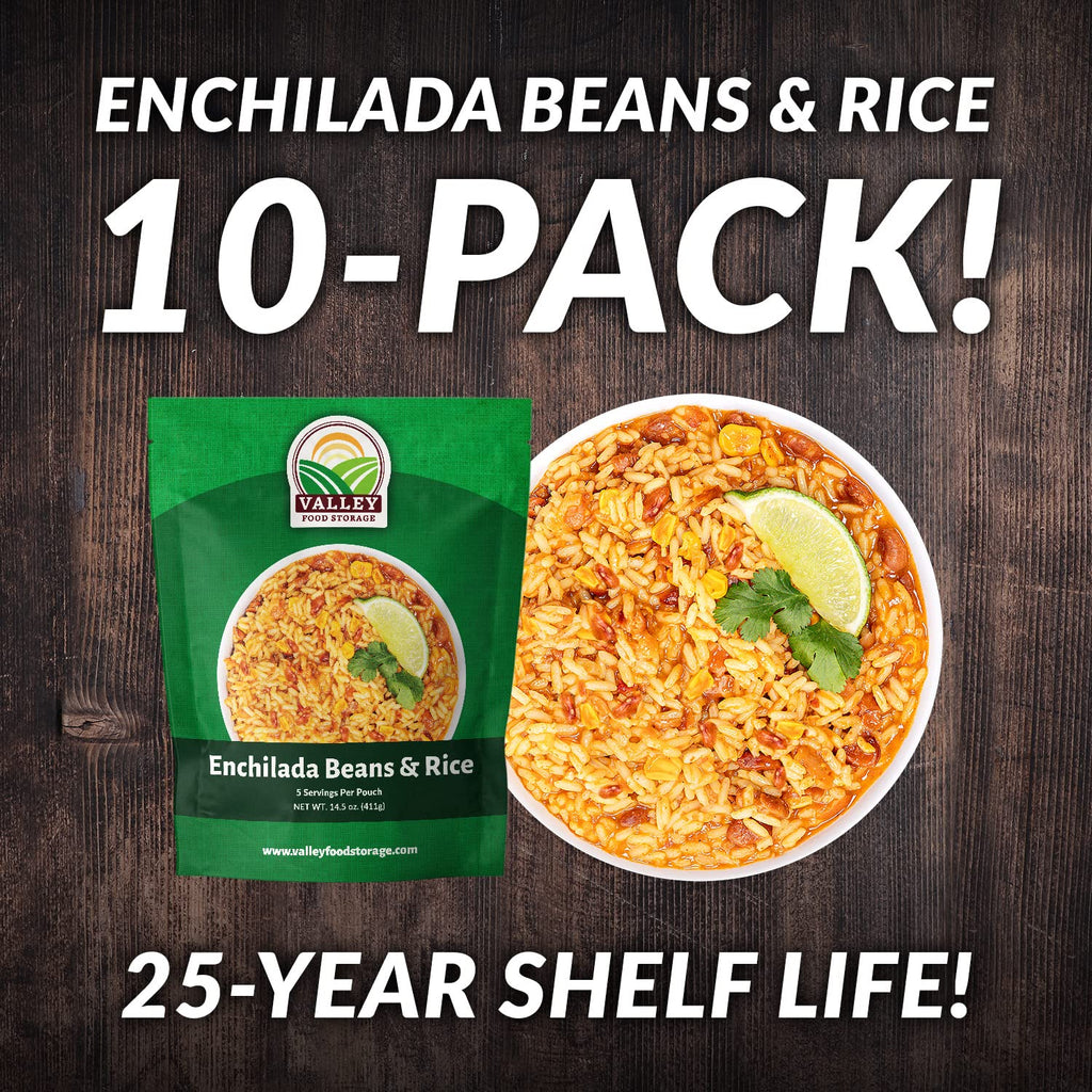 Valley Food Storage Enchilada Beans & Rice | 50 Servings Emergency Food Supply | Premium Survival Meals, 25 Year Shelf Life | Prepper Food, Camping & Off Grid Living Supplies (10 Bags + Bucket)