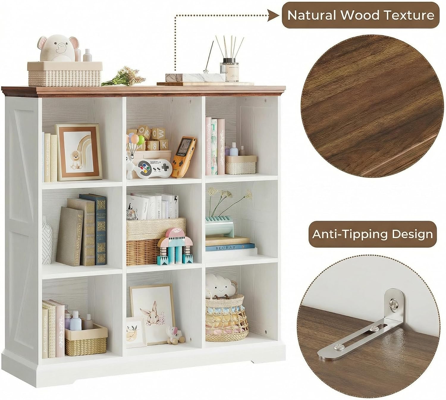 IRONCK Wooden 9 Cube Storage Organizer, Cube Shelf Organizer with Storage, Farmhouse Short Bookshelf for Bedroom, Living Room and Home Office, White