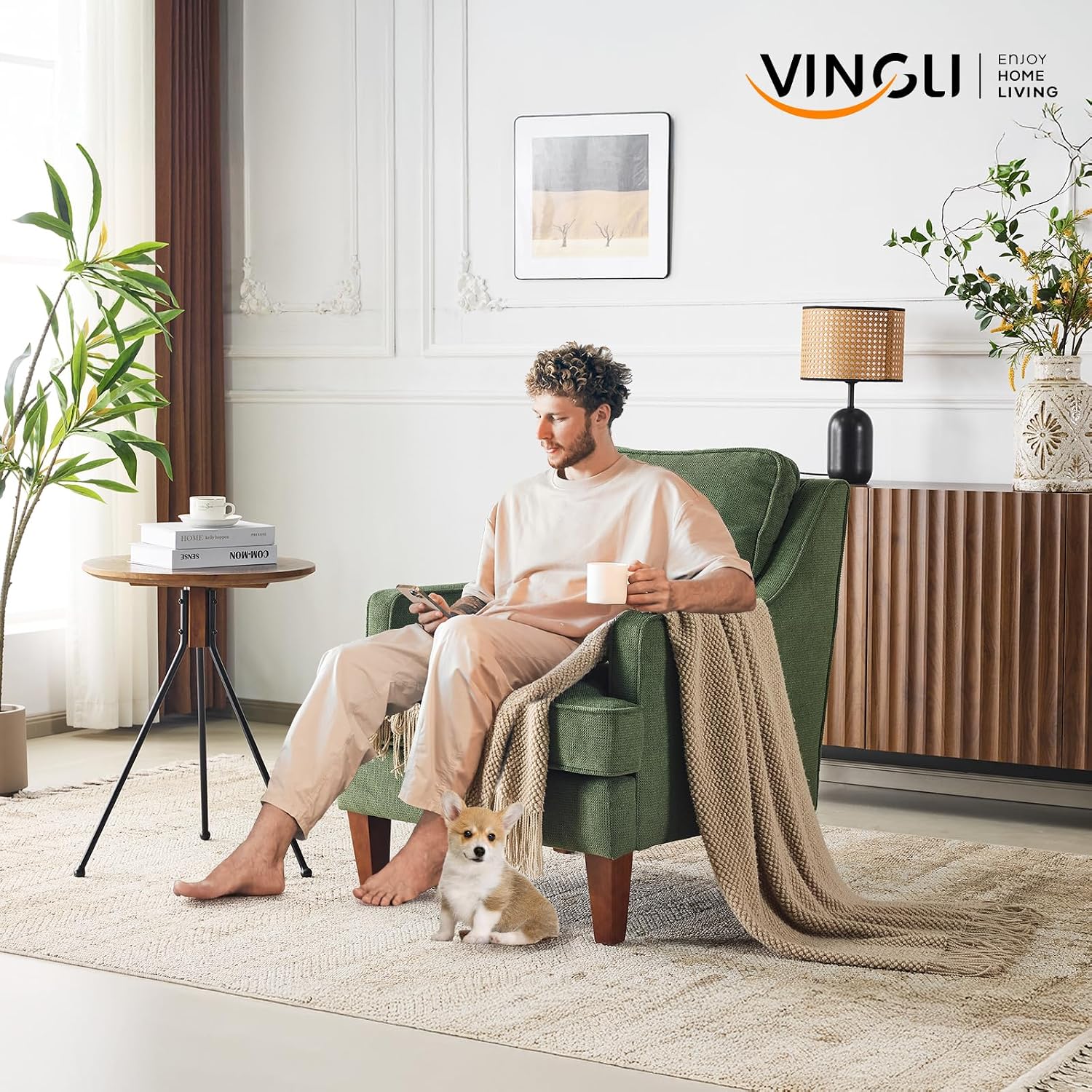 VINGLI Mid-Century Modern Accent Chair, Green Upholstered Armchair Comfy Sofa Chair Reading Chair High Back for Living Room Bedroom Furniture Apartment
