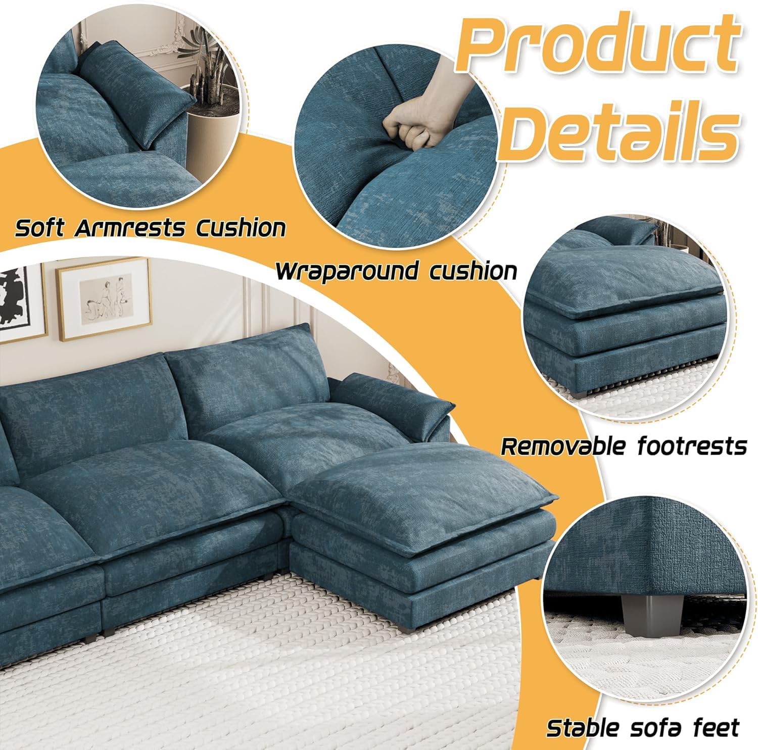 Shahoo Sectional Modular Sofa L Shaped Chenille Fabric Couch with High Supportive & Soft Sponges and Removable Ottoman, Sleeper Comfy Upholstered Furniture for Living Room, Blue