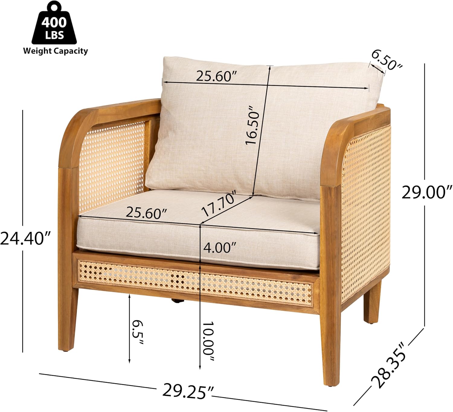Christopher Knight Home Tilden Bohemian Acacia Wood Patio Accent Chairs, Wicker Lounge Chair Outdoor, Patio Furniture Single Sofa with Removable Cushion, Comfy Garden Reading Chair, Teak+Beige
