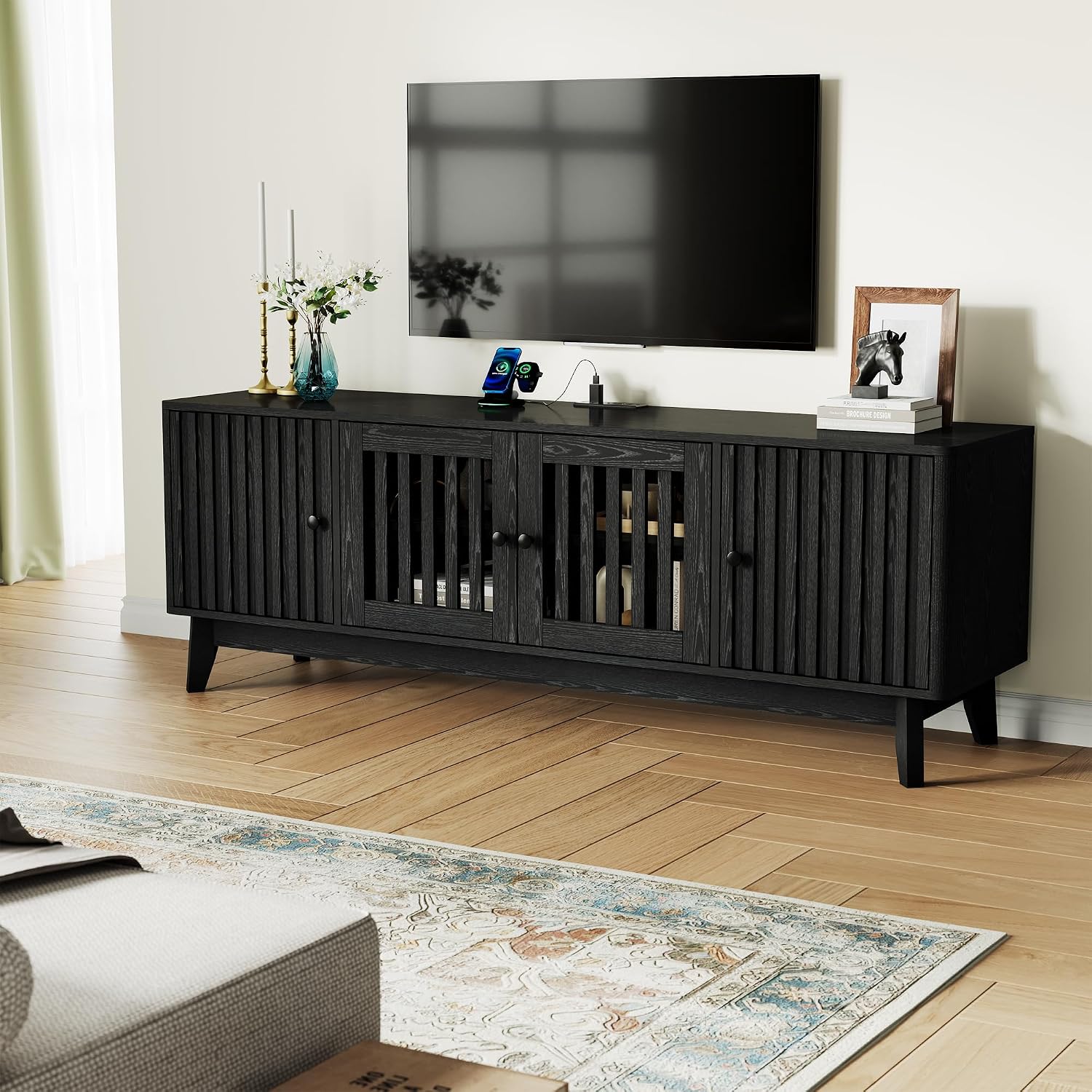 GarveeHome Mid Century Modern TV Stand, 63'' TV Stands for Living Room with Power Output and Adjustable Shelves, Entertainment Center with Storage and 4 Grille Doors, Wooden TV Console, Black